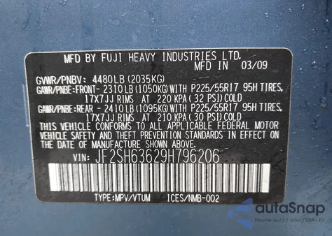 2009 Subaru Forester 2.5X z USA, uszkodzony, nr VIN JF2SH63629H796206